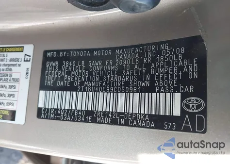 2009 Toyota Corolla Le из США, поврежденный, VIN 2T1BU40E99C050981